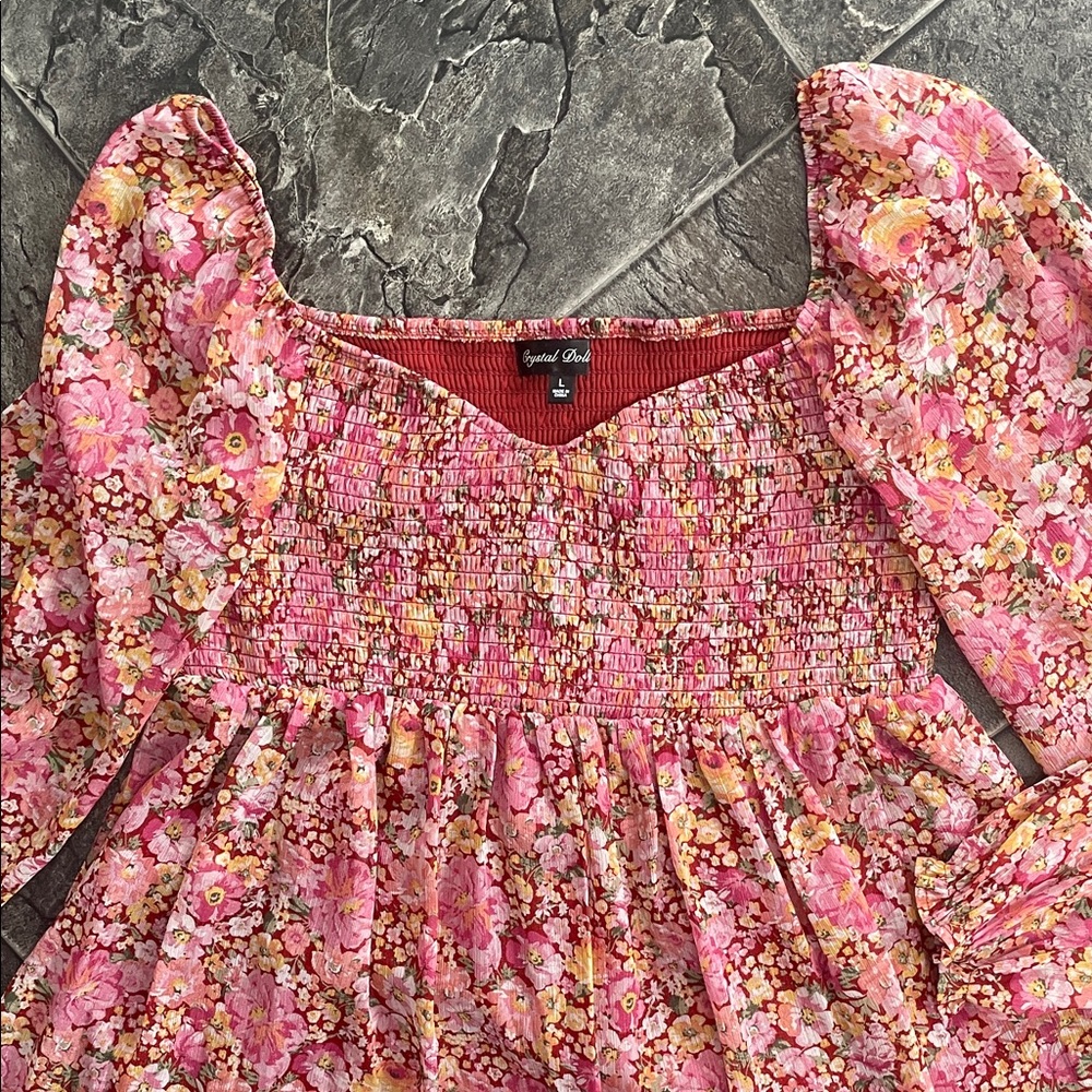 CRYSTAL DOLL Floral Coquette Babydoll Long Sleeve Shirred Pleated A-Line Dress - Picture 3 of 14